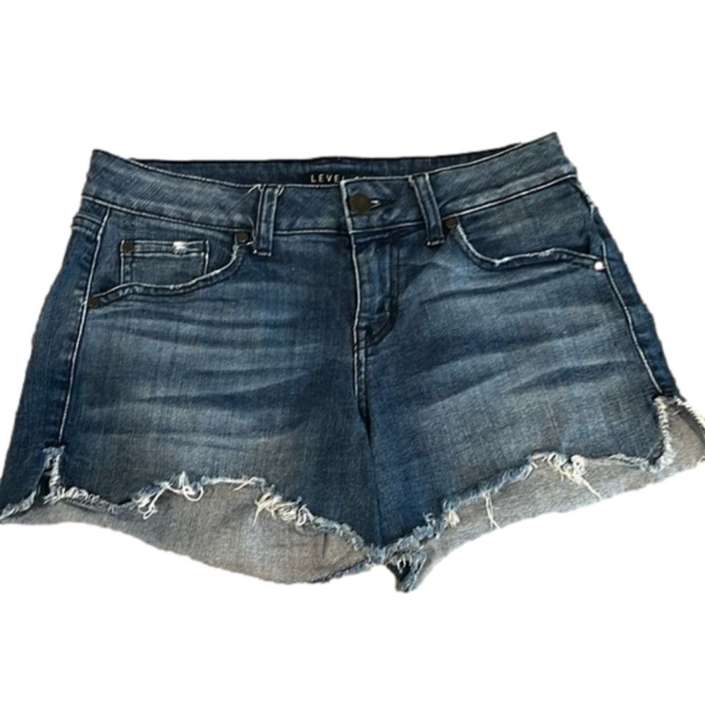 Level 99 dark denim wash slight distressed w/ side hem slit fray at hem - 25